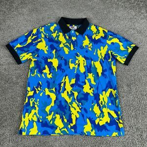 Retro Fox Polo Shirt Mens Large Blue Yellow Camouflage Camo Cotton Short Sleeve